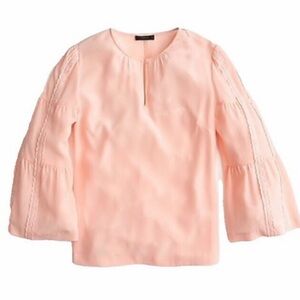 J Crew Embroidered Bell-Sleeve 100% Silk Top Blouse Size 4 Peach Pink Color